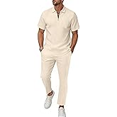 Bealin Mens Summer Beach Outfits 2 Piece Casual Quarter Zip Short Sleeve Vertical Stripe Shirt and Loose Pants Set