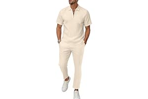 BEALIN Mens Summer Beach Outfits 2 Piece Casual Quarter Zip Short Sleeve Vertical Stripe Shirt and Loose Pants Set