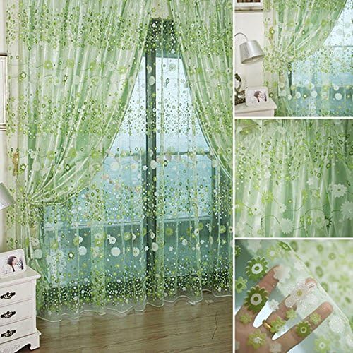 TINNZTES Curtain Sheer, window screening, Window gauze, fresh Flower Sun Flower, Door Room Dividers, Fit for bedroom, living room, balcony, window, 39.4x78.7 inch (Green)
