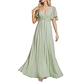Ever-Pretty Women's Spring Short Sleeve Bridesmaid Dresses V-Neck Chiffon Ruched Empire Waist Appliques Long Formal Dress