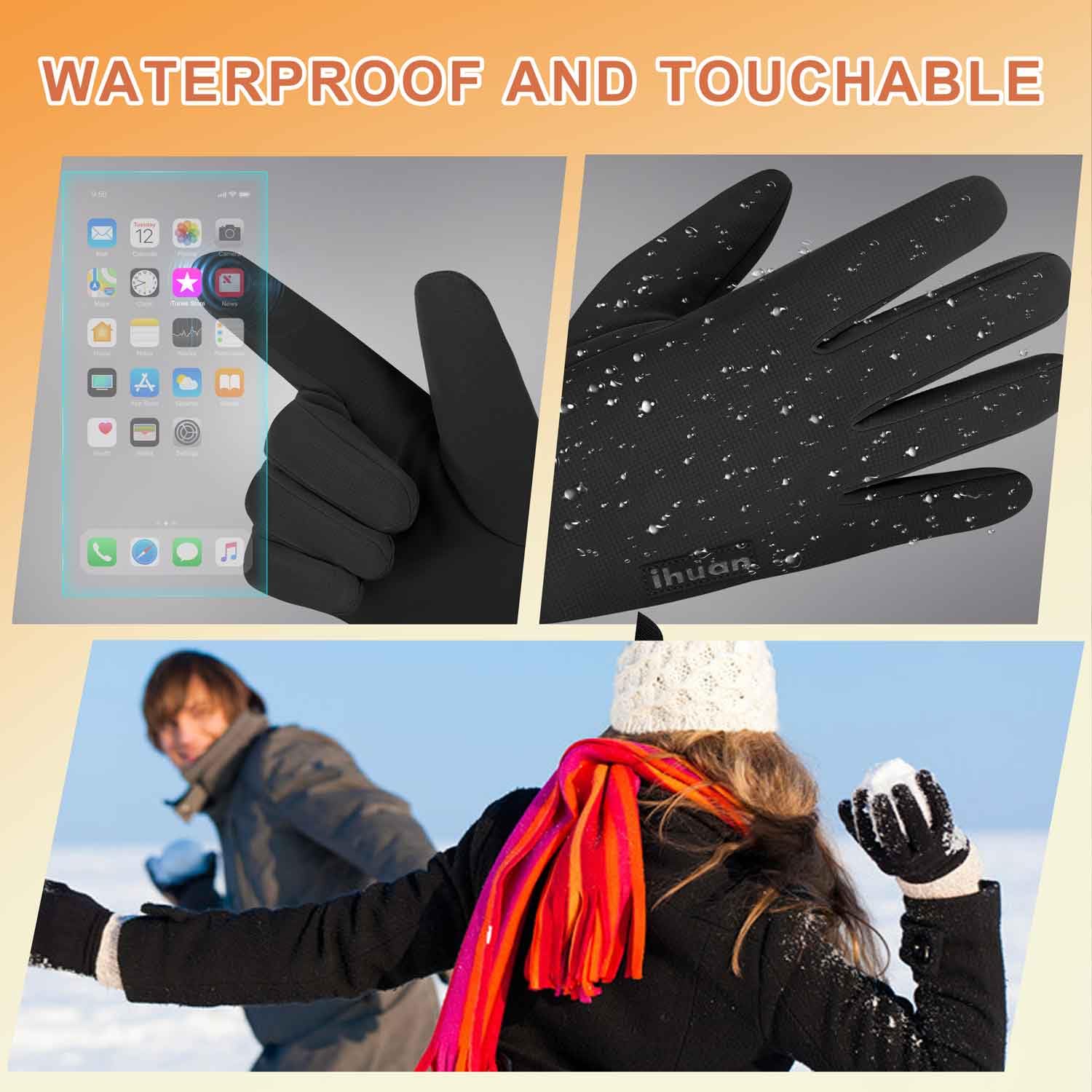 ihuan Winter Waterproof Gloves Cold Weather - Snow Ski Windproof for Men Women, Warm Touchscreen Thermal for Running Cycling