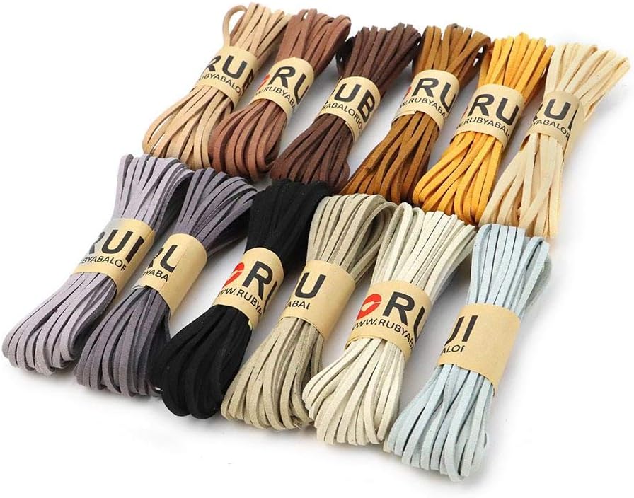 Ruby – 12 Rolls of Multicolour Suede Cord Thickness 3 mm x 5 m Each Roll of Rope for Bracelets Keyring and Jewellery Making and Crafts (NATURAL)