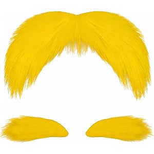 Yellow Lorax Mustache and Eyebrows, Self Adhesive Fake Facial Hair | for Dr Seuss Costume, Funny Cosplay Accessories for Hall