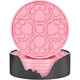 BANGKEE Pink Silicone Coasters Set of 6 with Holder, 4 Inches Coaster for Bar, Drinks, Beer, Coffee - Non Slip Decorative Cup Mat for Tabletop, Desk Decor - Dishwasher Safe