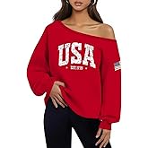 Dressmine Womens Sexy Off Shoulder Sweater USA Sweatshirts Long Sleeve Patriotic Shirt American Flag Hoodie Pullover