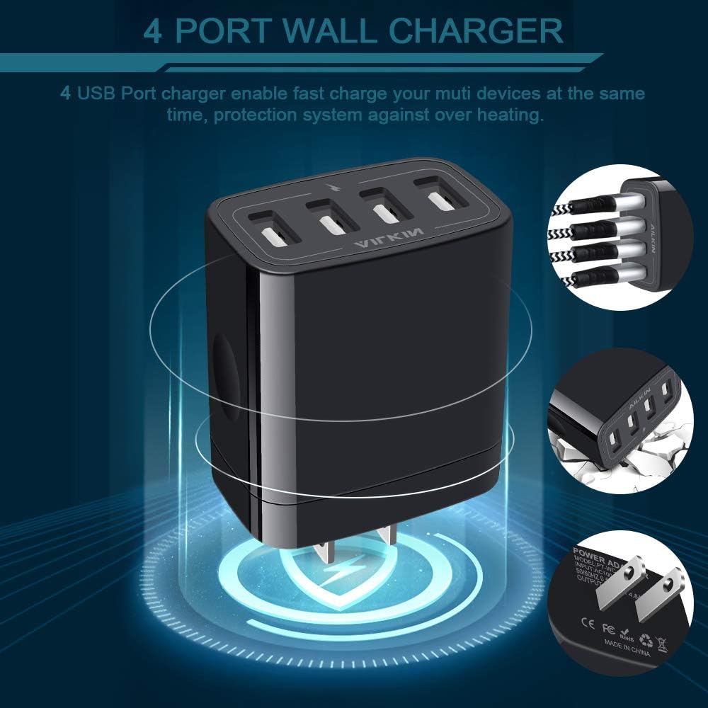 Wall Charger, USB Charger Adapter, Ailkin 4.8A 4Multi Port Fast Charging Station Power Base Block Plug Cube Brick for Phone 11Pro Max/XR/XS MAX/8/7 Plus, Samsung A10e/Note 10+/S10 Kindle Fire USB Plug: Home Audio & Theater