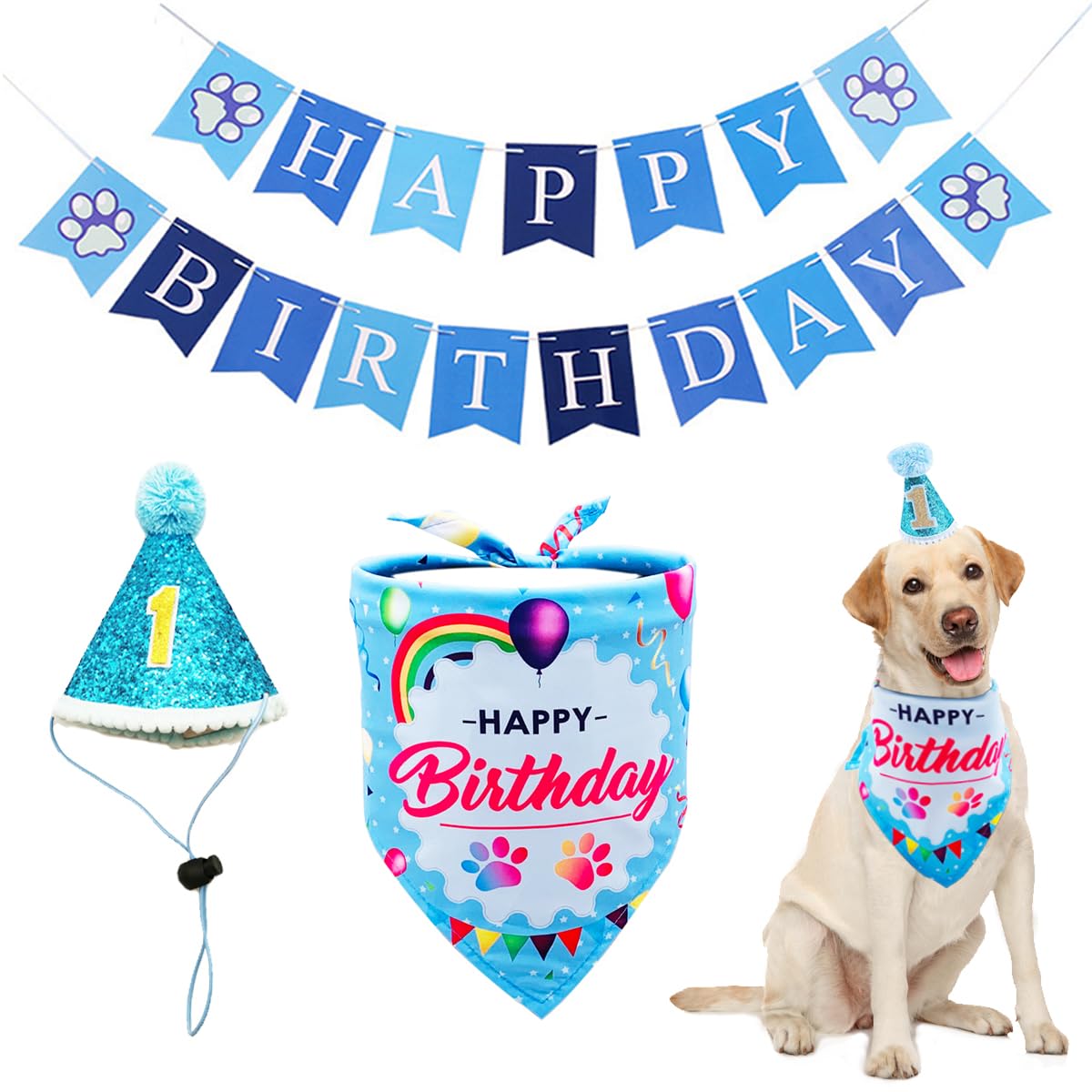 BIPY Blue Dog 1st Birthday Hat Bandana Banner for Boys Small Medium Dogs Cats Soft Bibs Doggy Party Grooming Supplies Celebration Birthday Bandana Set Costumes Headwear