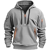 FOCLMP Hoodies for Men Quarter Zip Fleece Lined Work Tactical Cargo Sweatshirts Jacket Loose Fit Workout Pullover Hoodie
