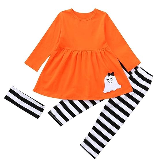 Qiusa Dreiteiliges Set, Outfits für Kleinkindkostüme, Ghost Dresses Gestreifte Hose Halloween Langarmshirts