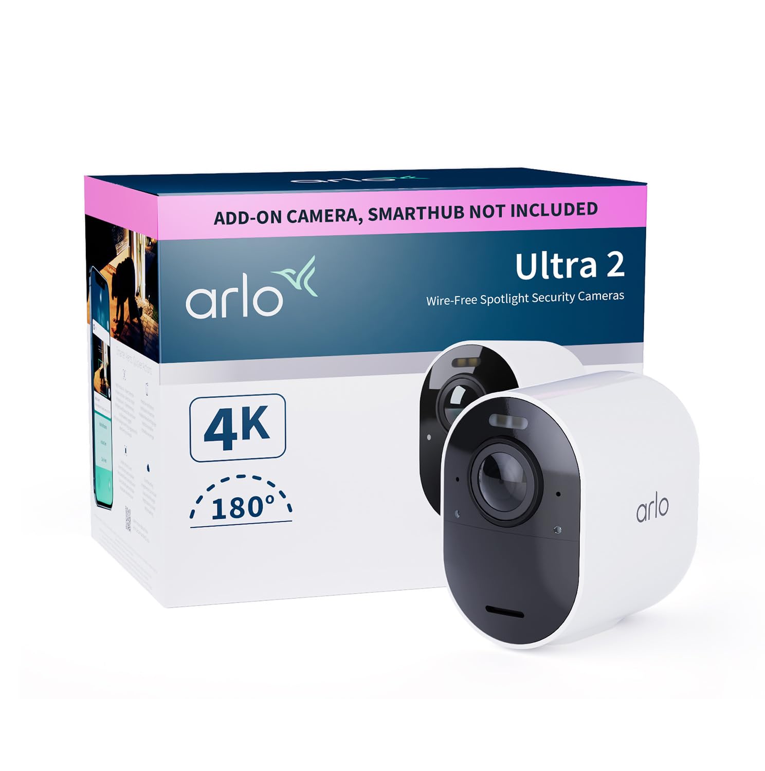 Arlo Ultra 2 Security Camera Outdoor, 4K UHD Add-on Camera, Wireless CCTV, 6-Month Battery, Colour Night Vision, Weatherproof, Bright Spotlight, 2-Way Audio, Arlo Secure Trial Included, White