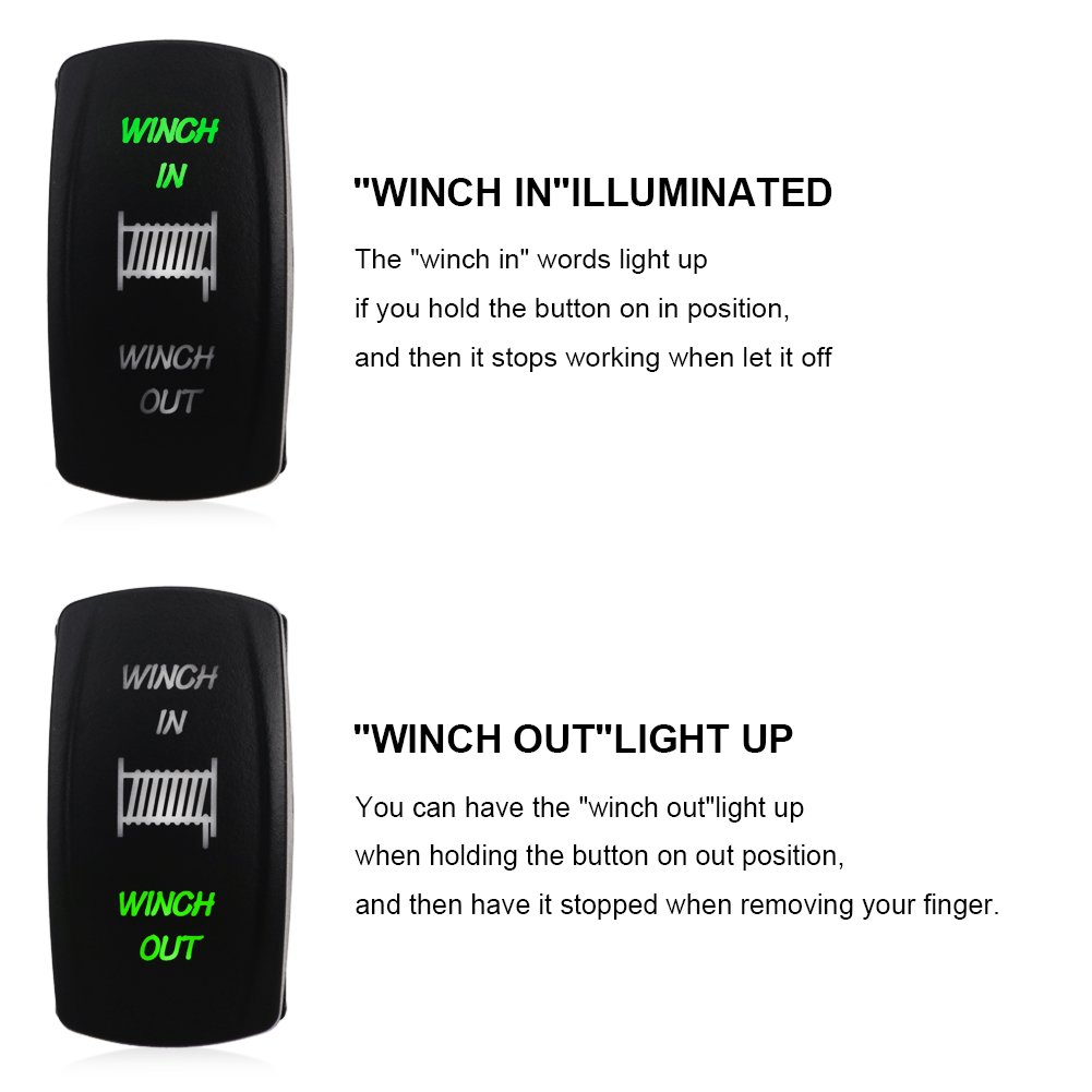 WATERWICH 7 pin Momentary Winch In Out Rocker Toggle Switch Waterproof DC 20A 12V/10A 24V Black Shell/ON-OFF-ON DPDT illuminated Rocker Switch For Auto Truck Boat Marine Off Road (Green)