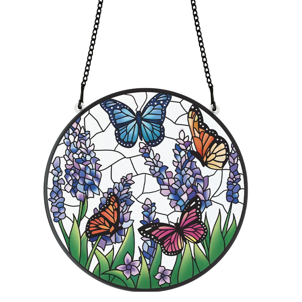 PLIGREAT Lavender Flower Stained Suncatcher Window Wall Art Hanging Ornament Painted Colorful Butterflies Acrylic Glass Panel Crafts for Garden Home Indoor Outdoor Hanging Decoration