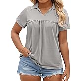 VISLILY Womens-Plus-Size-Summer-Tops Collared V Neck Polo Shirts Flowy Pleated Tunics Trendy Roll Short Sleeve Blouses