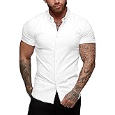 URRU Men's Muscle Dress Shirts Slim Fit Stretch Short Sleeve Casual Button Down Shirts for Men