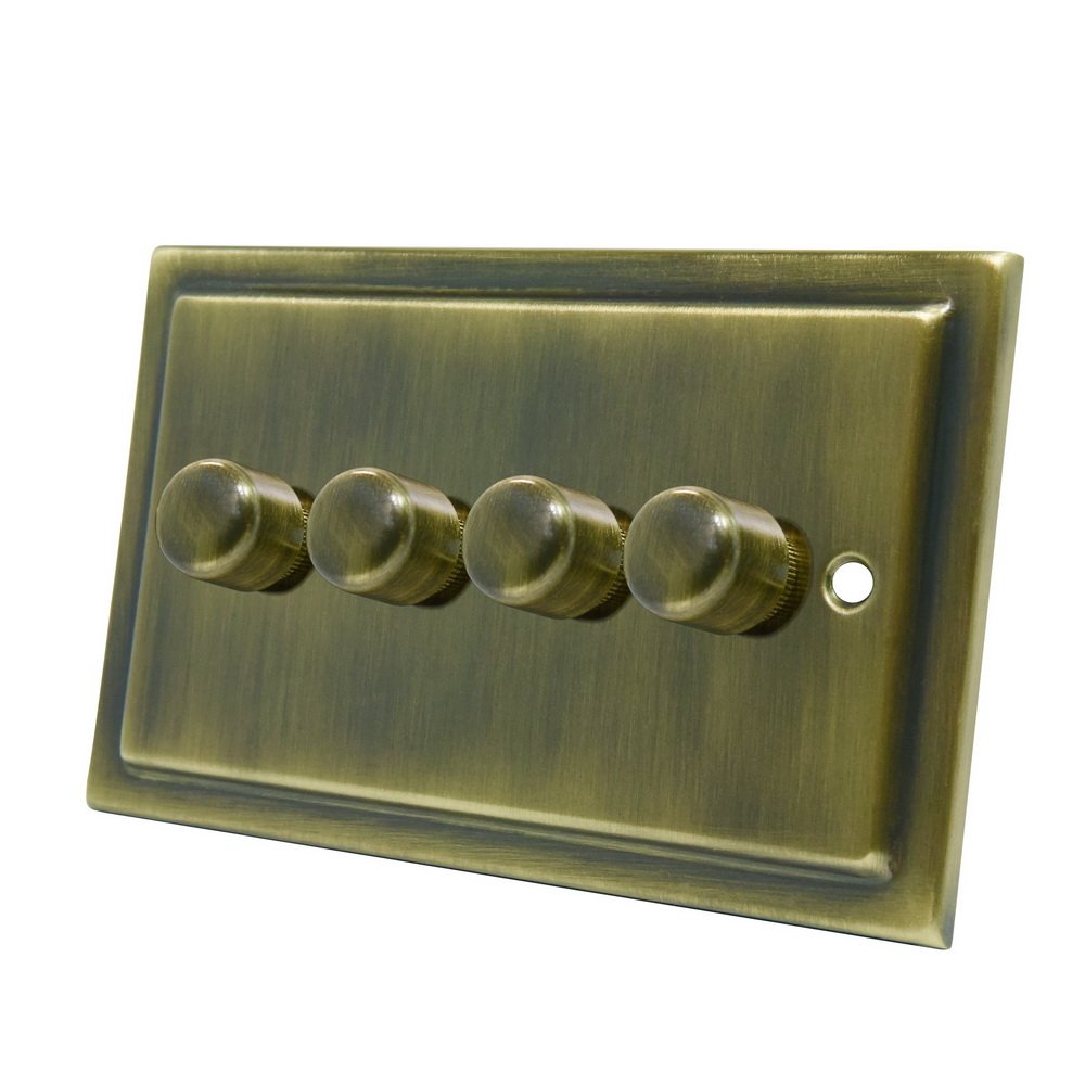 AET VAB4GDIMLED Victorian Antique Brass 250W-10 Amp Quad 4-Gang 2 Way 250W LED Light Dimmer Switch, 240 V
