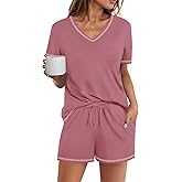 Ekouaer Womens Pajamas Sets Soft 100% Cotton Pjs Short Sleeve Lounge Sets Casual Two Piece Pjs With Pockets