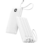 VRURC Portable Charger Power Bank, USB C Battery Pack 10000mAh,5 Outputs 2 Inputs Pocket Travel Charging Bank Built-in Cables for iPhone 17 Pro 17 16 15 14 13,Samsung,Android-White(1 Pack)