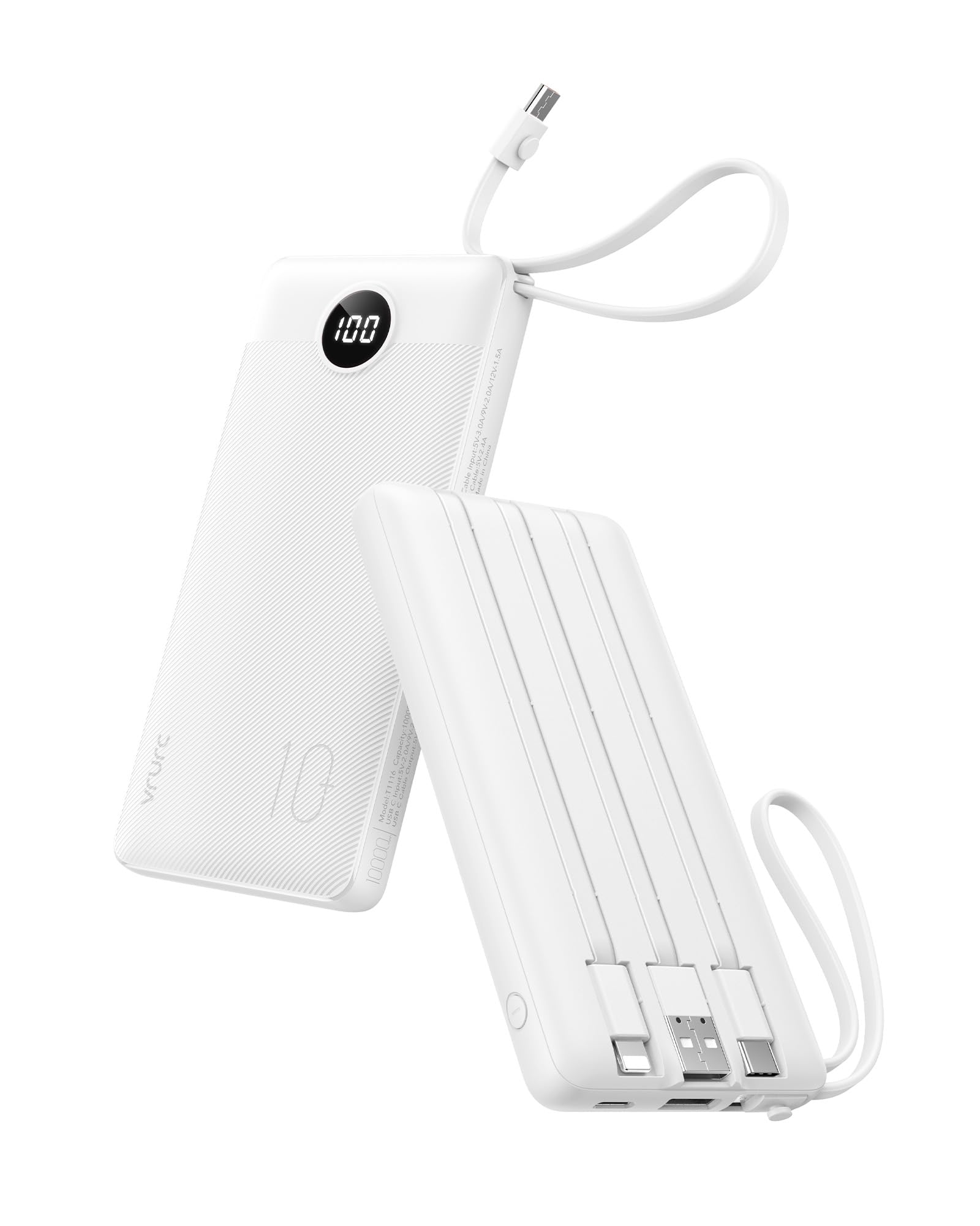 VRURC Portable Charger Built in 4 Cables, Slim Power Bank 10000mAh
