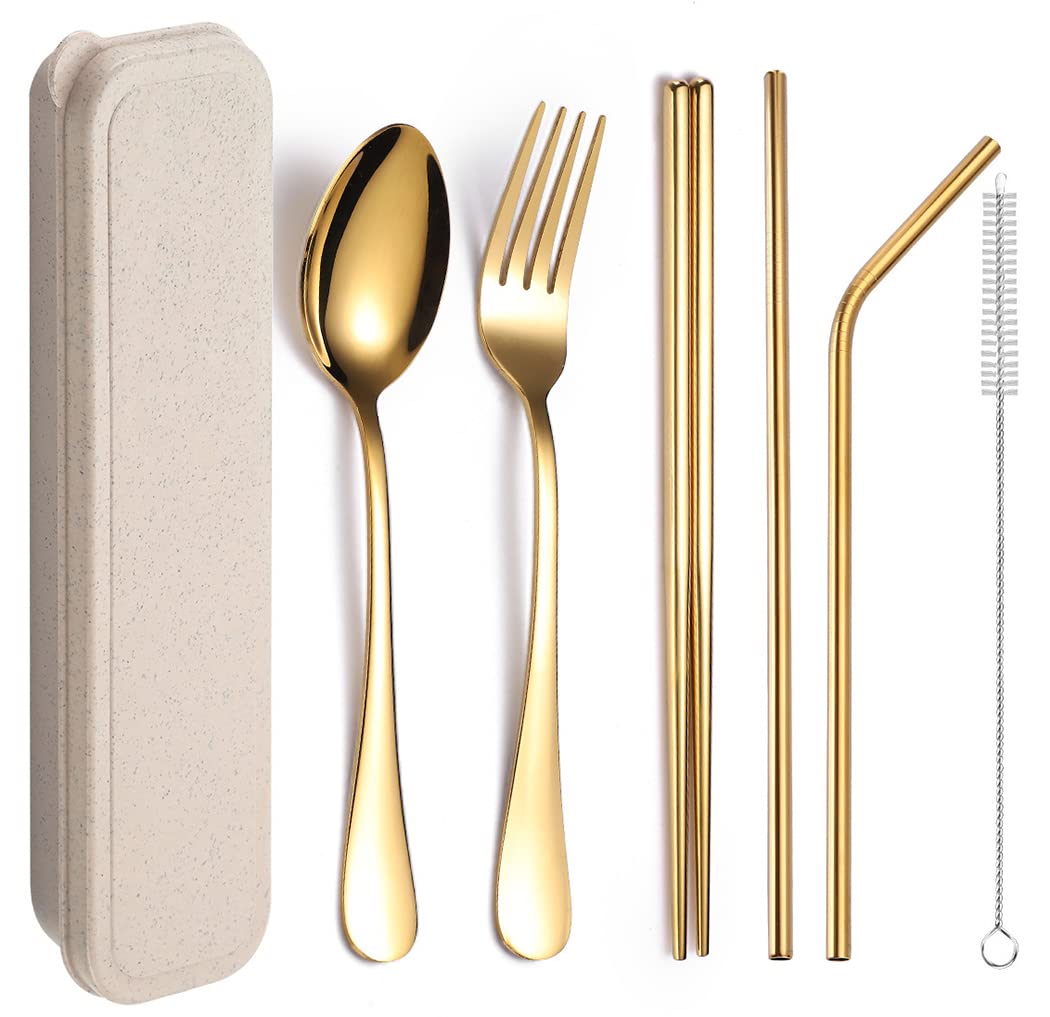 XIAOYU 6 Pieces Portable Reusable Cutlery Set, Stainless Steel Flatware Set, Travel Utensils Set, Includes Chopsticks/Fork/Spoon/Straws/Cleaning Brush, Gold — image 1