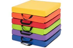 KOTEK 6 Pcs 16'' Floor Cushions for Kids, Classroom Flexible Seating with Handles, Waterproof PU Cover with Non-Slip Base, 2.5” Thick Floor Pillows for Daycare Preschool Home (Colorful, Square)