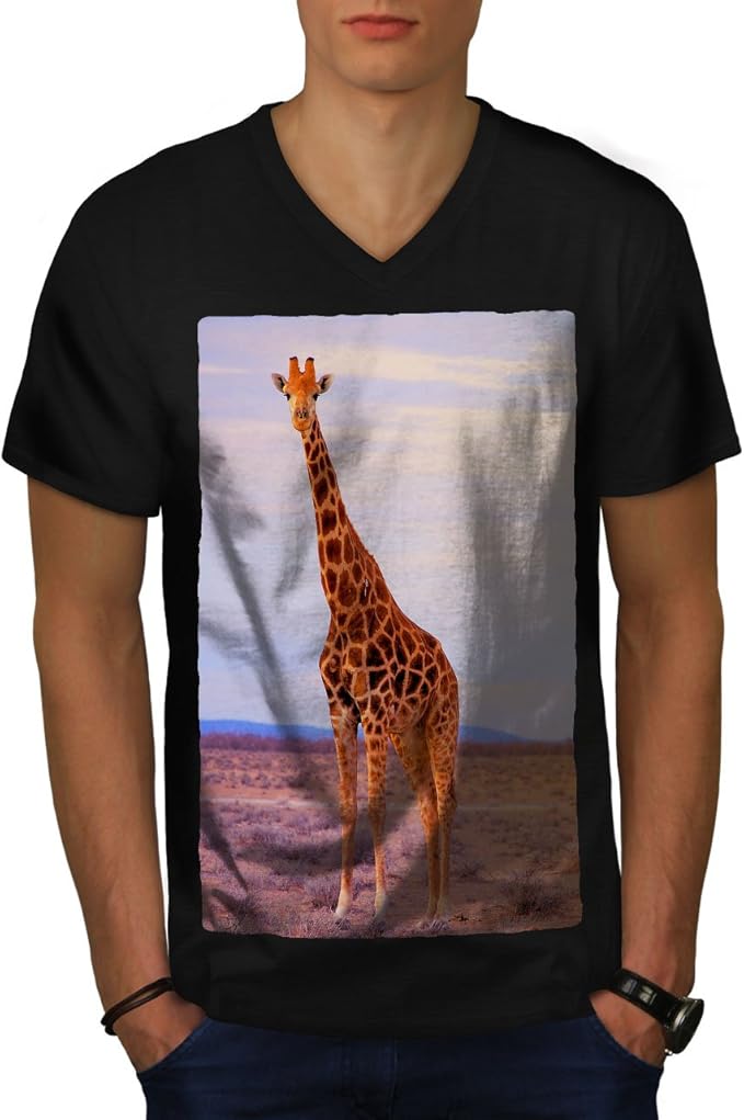 wellcoda Giraffe Safari Animal Mens VNeck TShirt, Africa