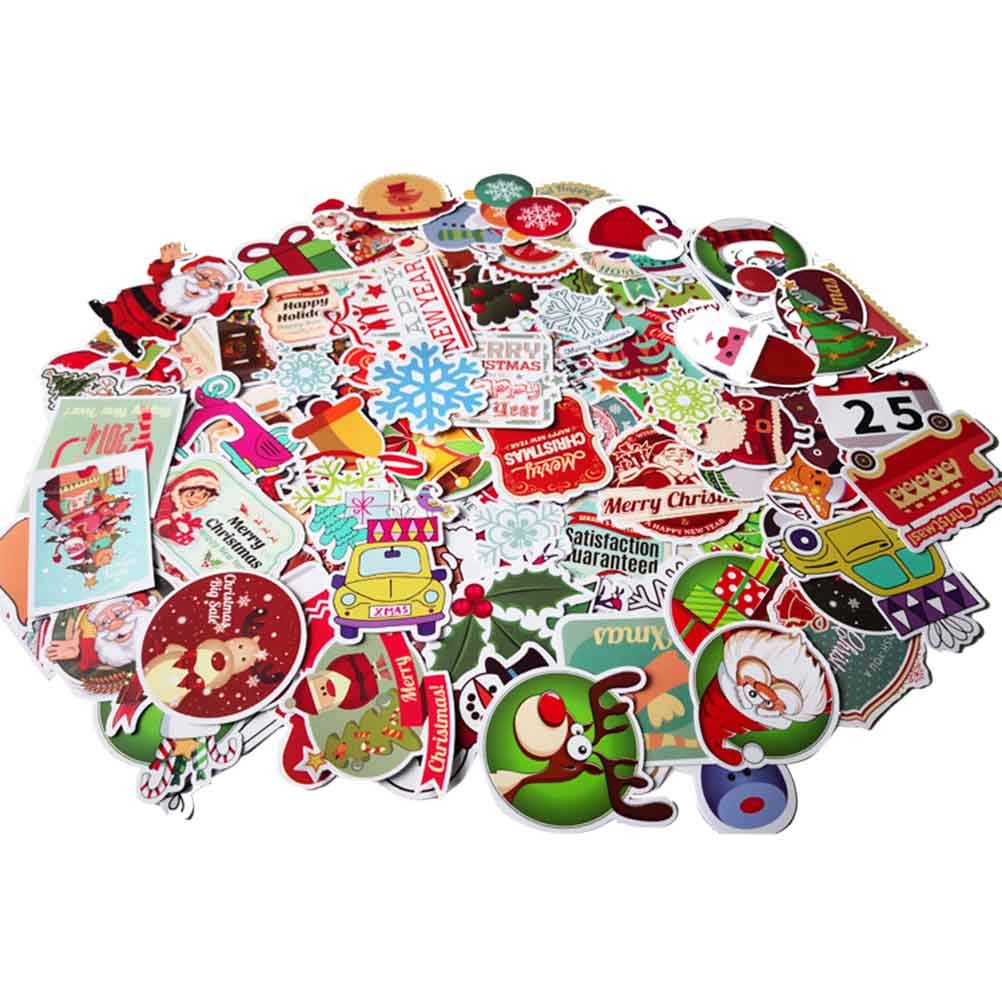Amosfun 100pcs Christmas Themed Waterproof Decorative Stickers Decals Party Favor for Suitcase Car Bicycle