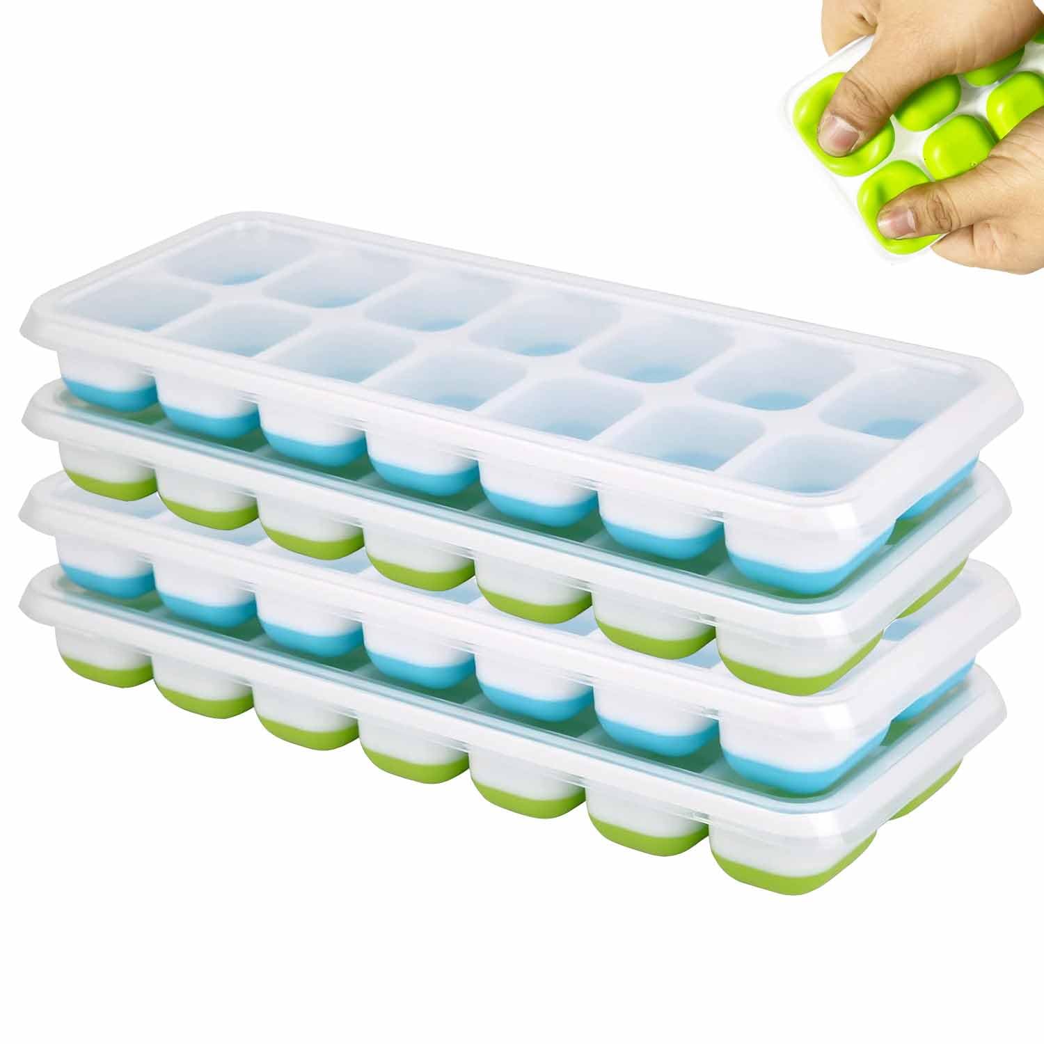 Ice Cube Trays, 4 Pack Reusable Silicone Easy-Release and Flexible 56-Ice Trays with Spill-Resistant Removable Lid, BPA Free and Durable