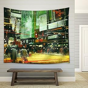 Cityscape Painting,Crowds of People at a Busy Crossing Street - Fabric Wall Tapestry Home Decor - 51x60 inches