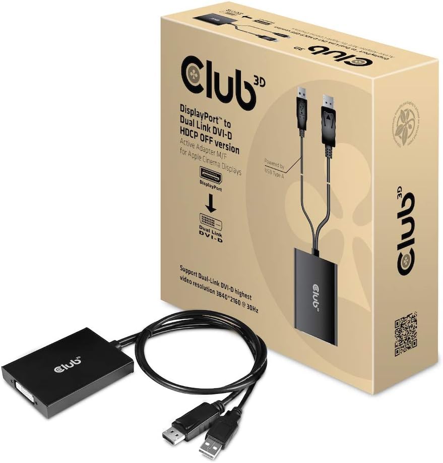 Club 3D CAC-1010-A Active DisplayPort to DVI-D HDCP OFF Adapter for Cinema Displays, Black