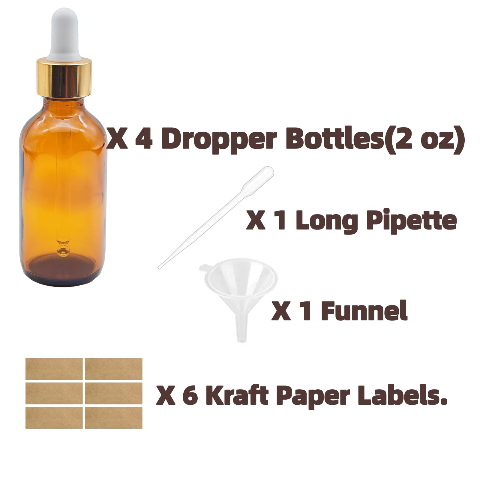 4 PACK 2 oz Amber Glass Dropper Bottle, Golden Cap 60 ml Dropper Bottles, Tincture Bottle for Essential Oils, Liquids - Leakproof Travel Bottles