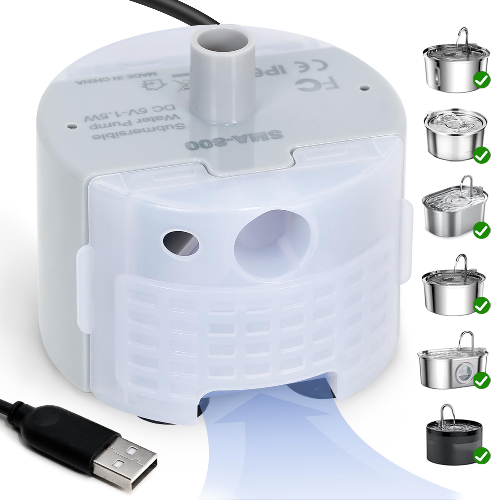 Photo 1 of Ultra-Quiet Replacement Pump for Stainless Steel Cat Water Fountains - SMA-800 Motor - Safe and Easy to Clean with Low Voltage DC 5V and USB Cable (Bottom Suction Pump)