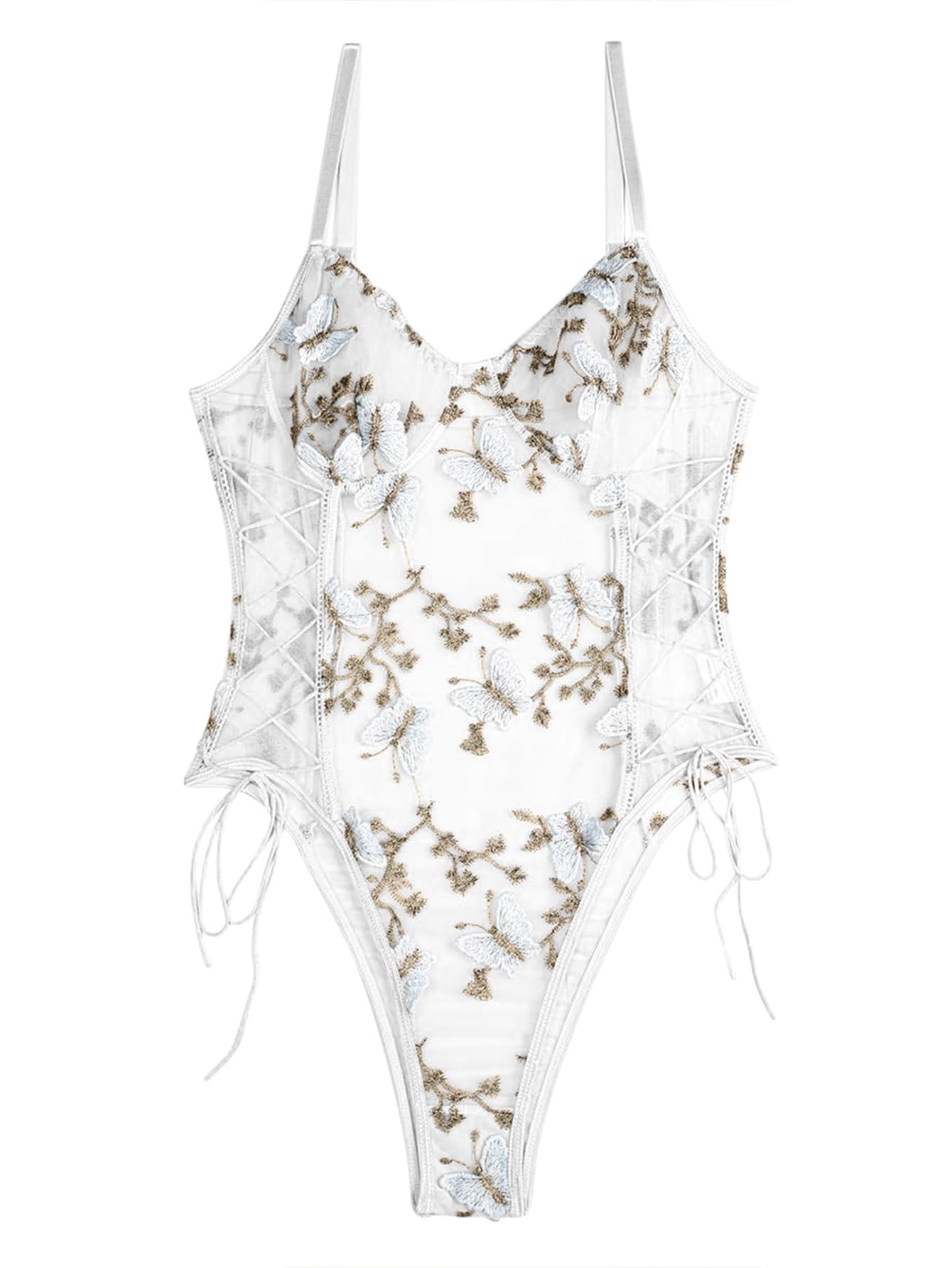 Photo 1 of Lilosy Women Sexy Lace Up Butterfly Embroidered Teddy Babydoll Lingerie Bodysuit Top Mesh Sheer One Piece See Through Light Butterfly White Medium