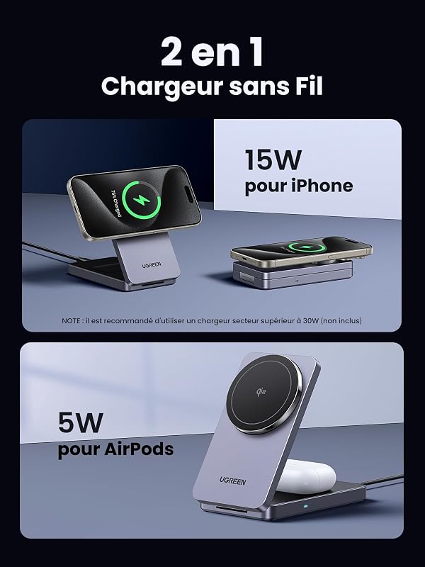 MagFlow Qi2 15W Certifié Chargeur Induction iPhone 2 en 1 MagSafe