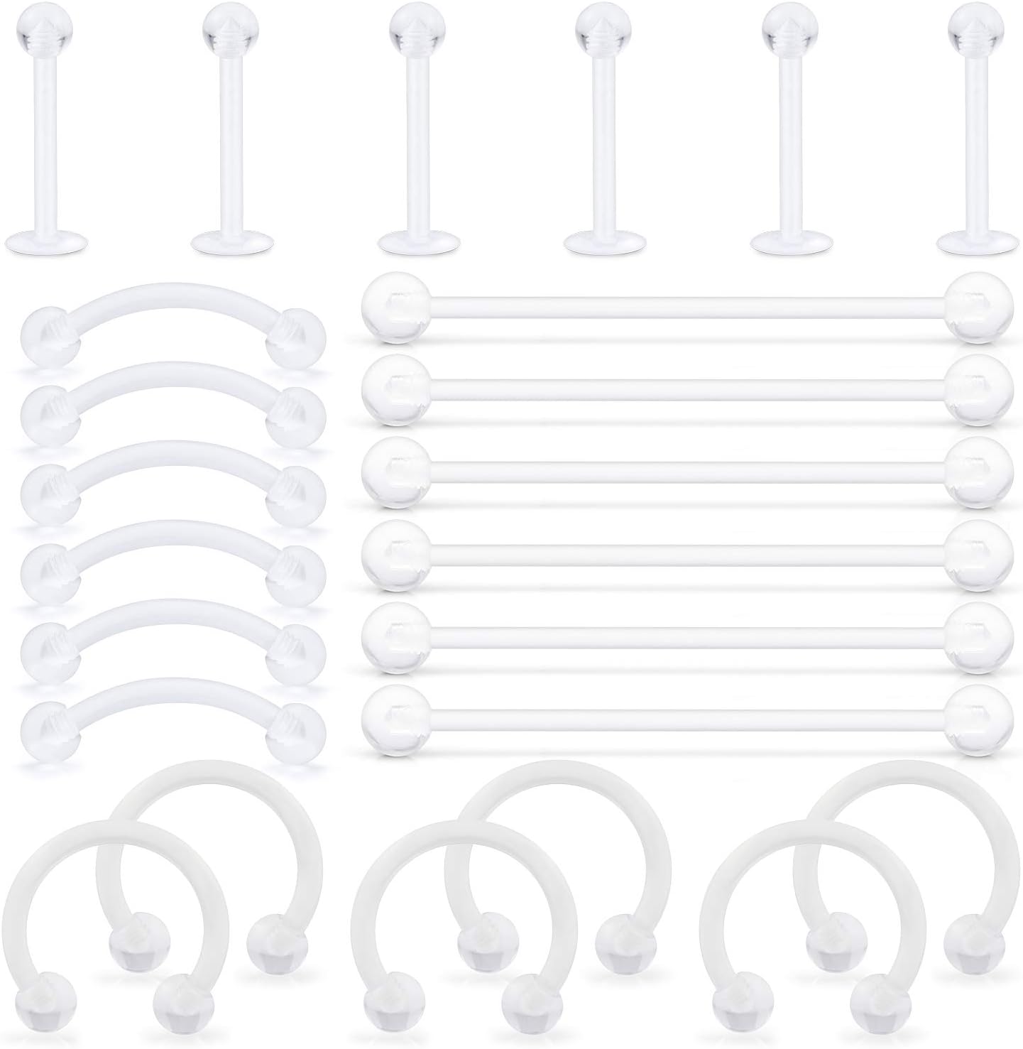 HoeudjoClear Cartilage Earring 16G 14G Piercing Retainers 24Pcs Flexible Acrylic Helix Hoop Bioflex Nose Lip Stud Eyebrow Tragus Septum Horseshoe Rings Body Jewelry for Work