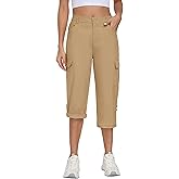 MoFiz Womens Cotton Capris Pants Hiking Roll up Convertible Cargo Capris Lightweight Travel Outdoor Relaxed Fit Cropped Pants Khaki XS