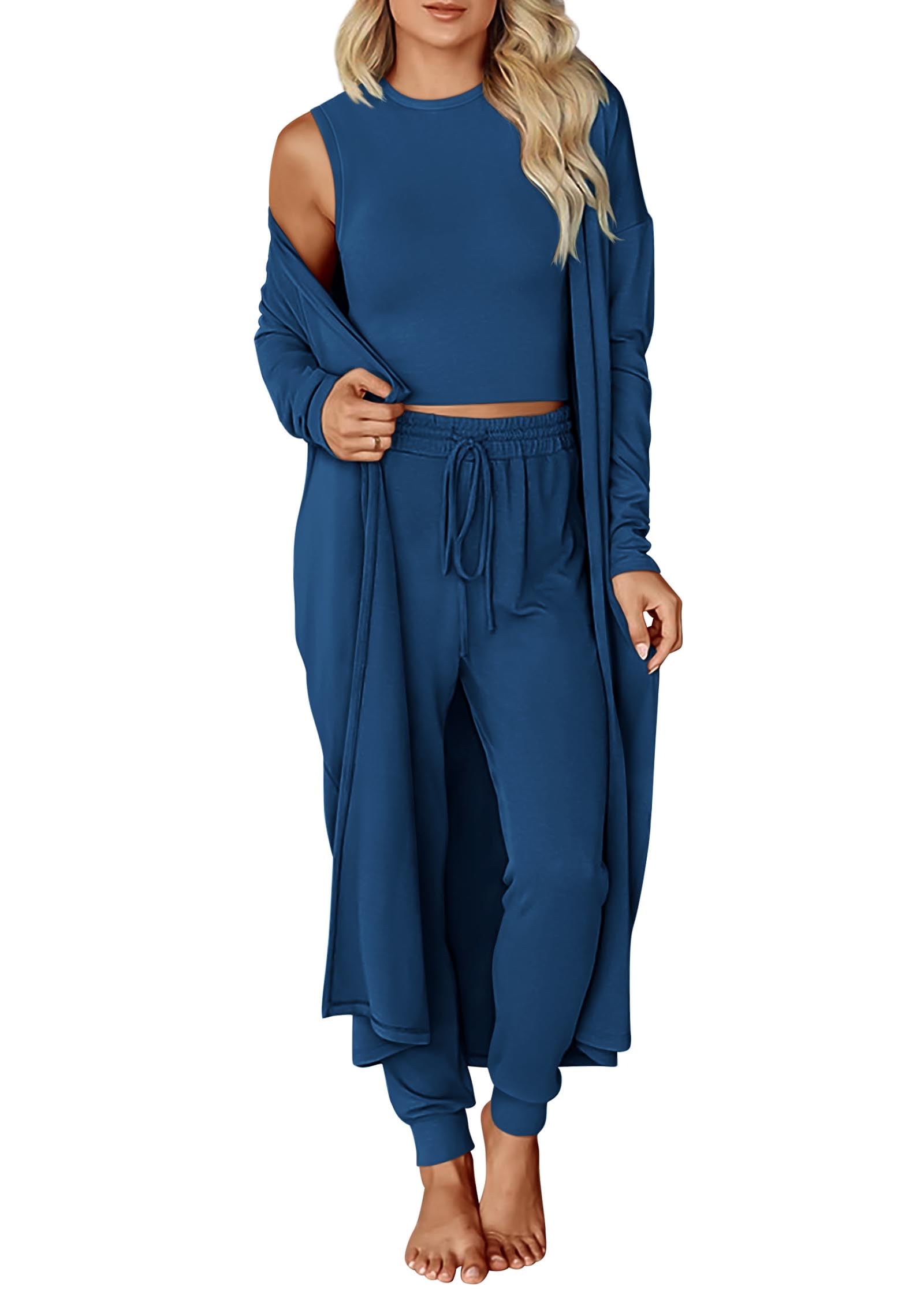 Photo 1 of KIRUNDO 3 Piece Lounge Sets for Women Airplane Travel Outfits 2025 Fall Cardigan Sleeveless Top Pants Sets Matching Clothing(Dark Blue, Small)