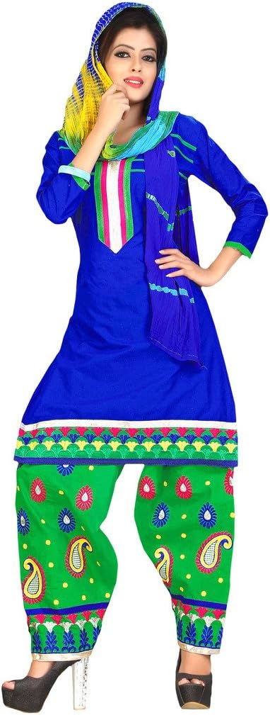 Suchi Women's Blue and Green Cotton Embroidered Patiyala Suit Dress Material