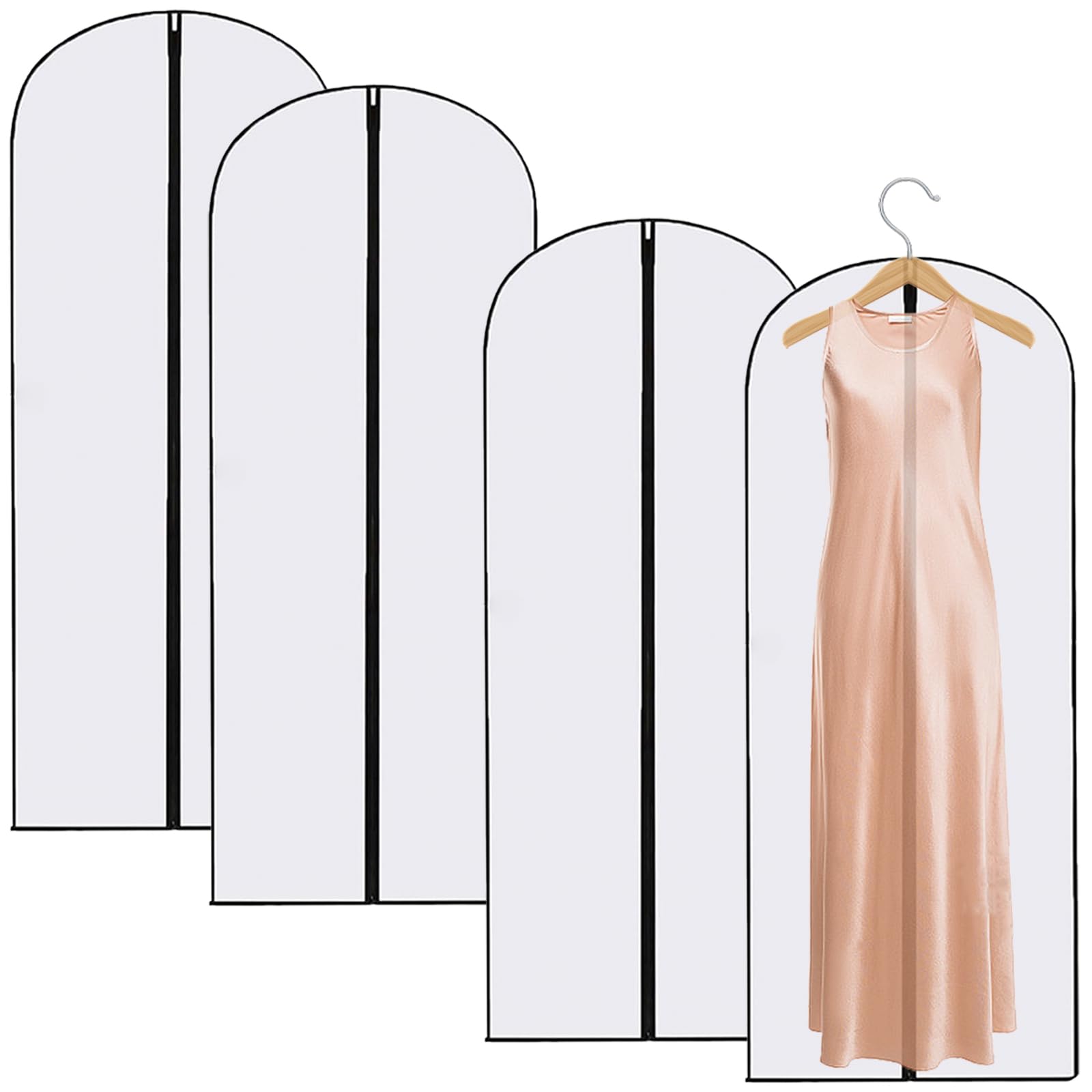 4Pcs Long Transparent Dress Bag Cover 60cm x 140cm - Full Length Garment Cover with Black Zipper for Wedding Gowns and Women's Dresses