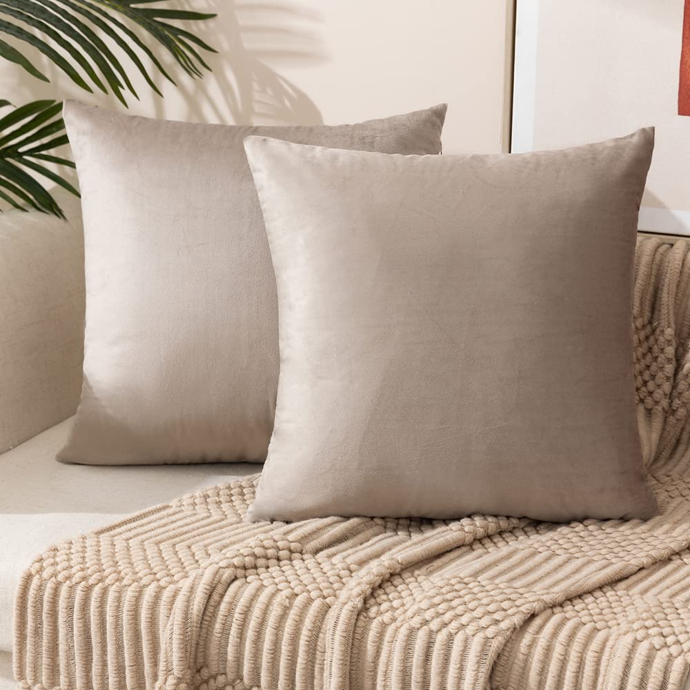 Photo 1 of ETASOP Velvet Pillow Covers with Inserts Included 18x18, Pack of 2 Soft Solid Decorative Throw Pillows for Sofa Bedroom Car (Khaki)