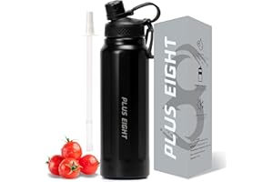 pluseight Sports Water Bottle, Insulated Water Bottle With Straw, Stainless Steel Water Bottle Wide Mouth for Sports, Gym or Office, BPA-Free Keep Cold 24H Hot 12H (Black, 32 oz)