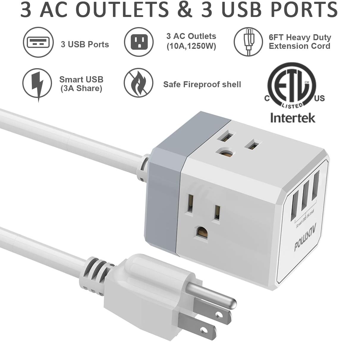 Power Strip, POWSAV Extension Cord with 3 USB Ports(Smart 3.0A Total) and 3-Outlet Extender, 6 Feet Cord, Compact Size for Cruise Ship, Home, Office,Dorm Essentials, ETL Listed: Home Audio & Theater