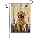 HILILIAN Golden Retriever Welcome Spring Garden Flag 12x18 Double Sided, Burlap Small Lavender Garden Yard House Flags Outside Outdoor Summer Porch Lawn Decoration(318)