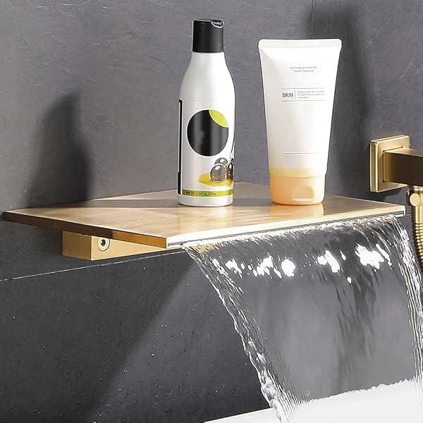 JIAYOUJIA WALL MOUNTED TUB FAUCET SET WITH HANDHELD SHOWER MODERN SINGLE HANDLE WATERFALL SPOUT TUB FILLER SOLID BRASS IN BRUSHED GOLD