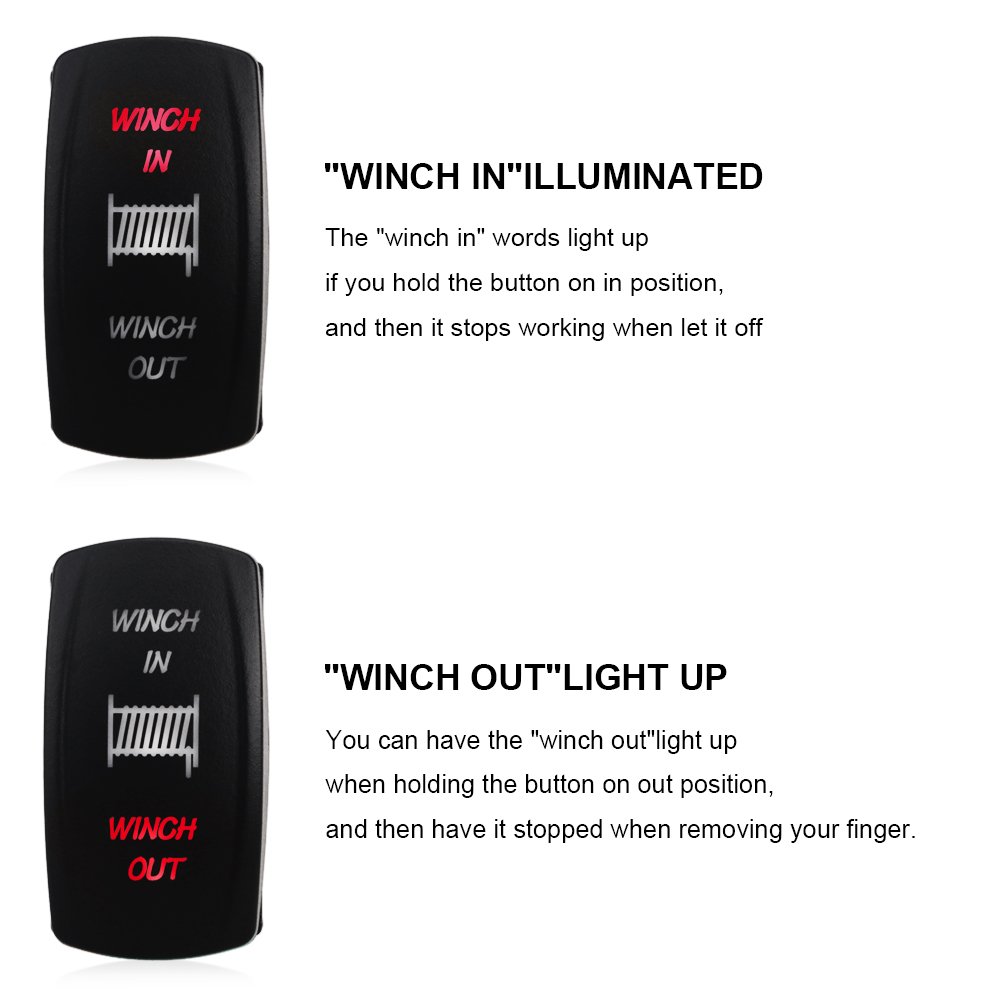 WATERWICH 7 pin Momentary Winch In Out Rocker Toggle Switch Waterproof DC 20A 12V/10A 24V Black Shell/ON-OFF-ON DPDT illuminated Rocker Switch For Auto Truck Boat Marine Off Road (Green)