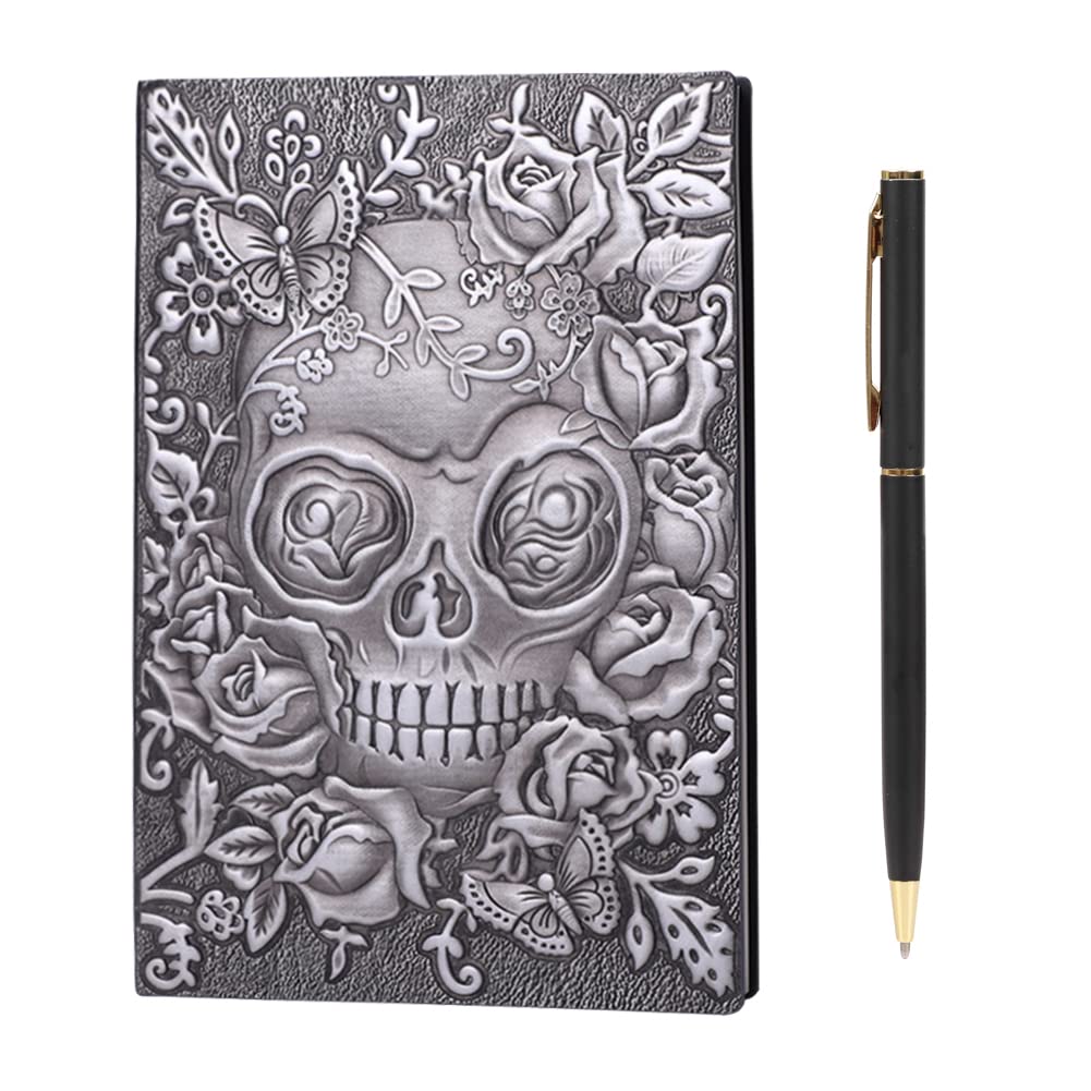 IBLUELOVER Vintage Leather Journal Embossed Notebook A5 Handmade Travel Diary with Pen,Skull Retro Writing Notebook with Lined Paper, 200 Pages/100Sheets