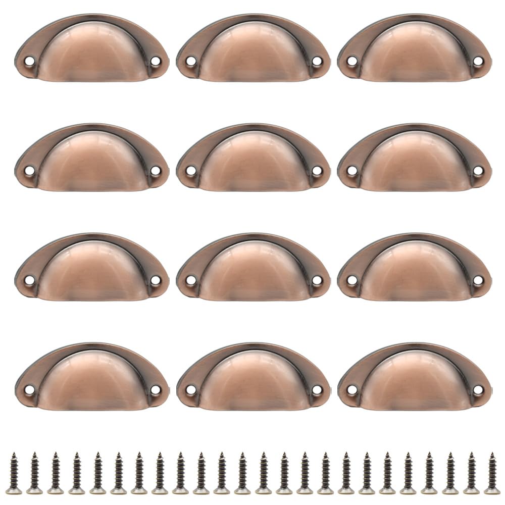 Hocansen 12 PCS Shell Cup Handles 81mm Metal Drawer Pull Handles Red Bronze Shell Shape Handle Knobs Semicircle Cup Handle with Screws for Wardrobe, Cupboard and Drawer (Red Bronze/LS-BK)