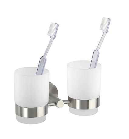 WENKO 19638245 Zahnputzbecher mit Halter Duo Bosio - Zahnbürstenhalter, Edelstahl rostfrei, 17.5 x 9.5 x 9 cm, Matt