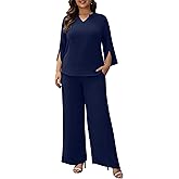 AUCICCOO Plus Size Pants Suits for Women Dressy 2 Piece Sets with 3/4 Sleeve Top Wide Leg Pants for Work & Daily Wear