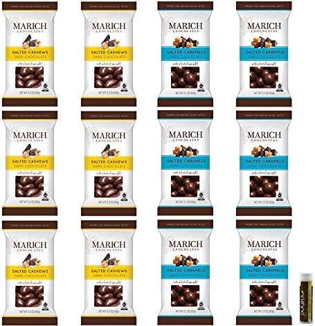 Marich Dark Chocolate Variety Set - Dark Chocolate Sea Salt Salted Cashews &amp; Dark Chocolate Sea Salt Salted Caramels Pack of 12 (6 of ea) with a Jarosa Bee Organic Chocolate Bliss Lip Balm