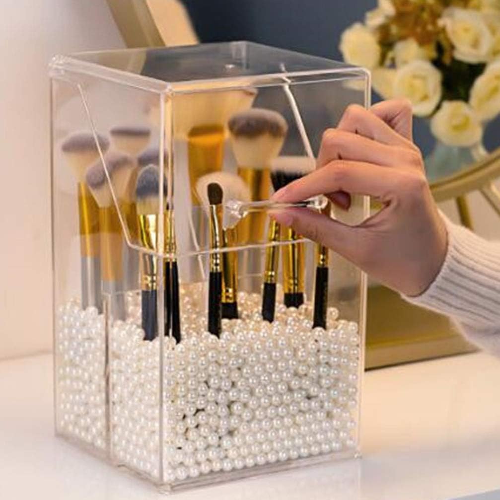 YARNOW Acrylic Makeup Brush Holder Cosmetic Brush Organizer with Lid Dustproof Makeup Containers Eyebrow Pencil Holder Stationery (1PCS With A Bag of Pearls) - Image 4